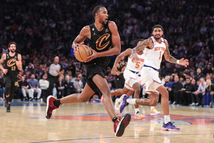 Apr 23, 2023; New York, New York, USA; Cleveland Cavaliers forward Evan Mobley (4) drives to the basket during game four of the 2023 NBA playoffs against the New York Knicks at Madison Square Garden.
